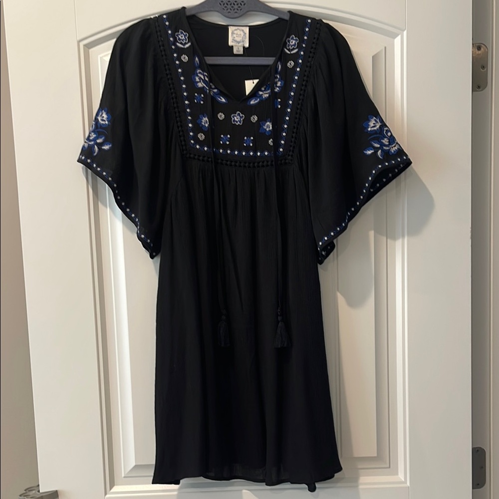 Blue Rain Francesca’s‎ Black Blue Boho Embroidered Dress S NWT